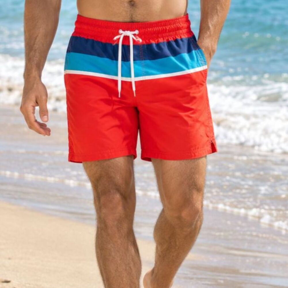 Old Navy Mens Size 30 Swim Trunks Red Blue Colorblock Drawstring Mesh Lined